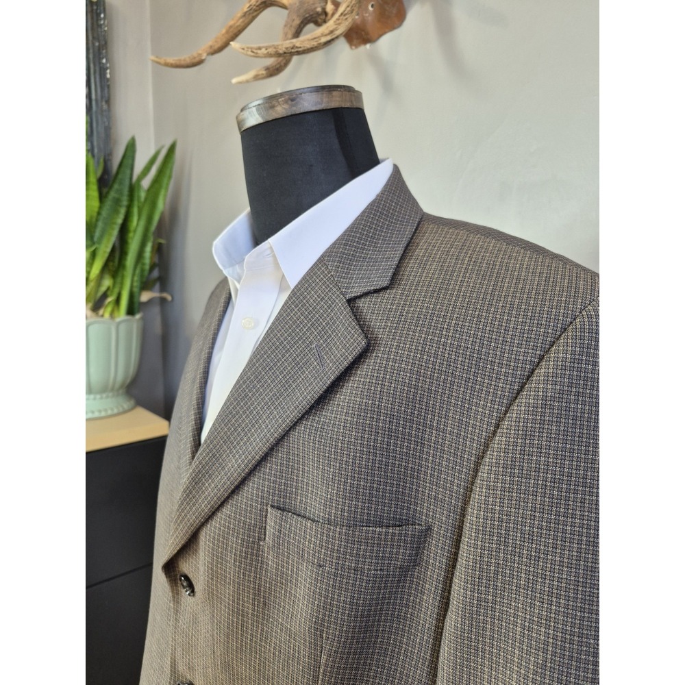 Prima Mens Wool Sports Coat 44R Blue Brown Check Made in Canada 3 Button H806